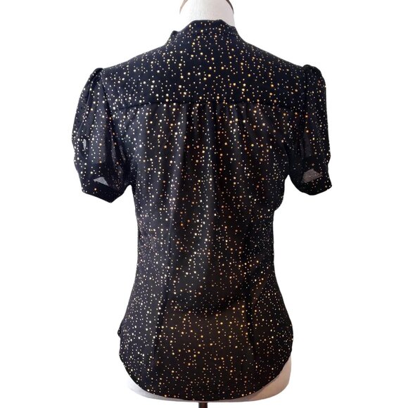 Collectif London Womens XS/4 Black Gold Star Print Tie Neck S/S Semi Sheer Top - Picture 4 of 8